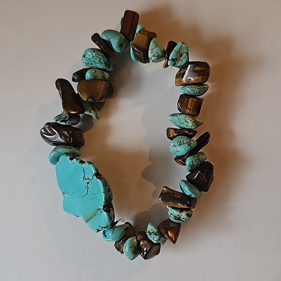 Vintage Turquoise Bracelet Blue brown nugget teardrop Sea Beach Ocean Ankle - Picture 10 of 11
